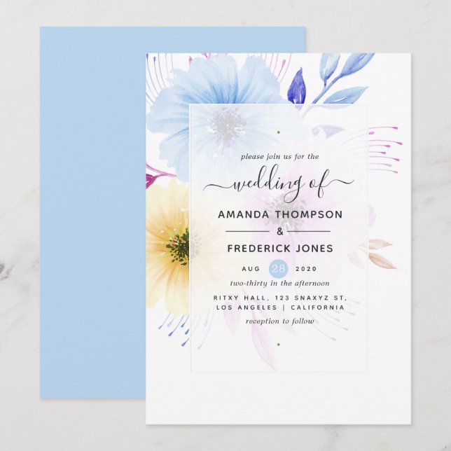 Faire-part de mariage floral aquarelle pastel (Devant / Derrière)