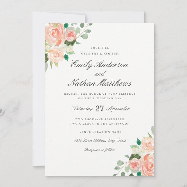 Faire-part de mariage floral aquarelle Peach Blush (Devant)