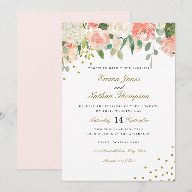 Faire-part de mariage floral aquarelle Peach Gold (Devant / Derrière)