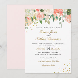 Faire-part de mariage floral aquarelle Peach Gold