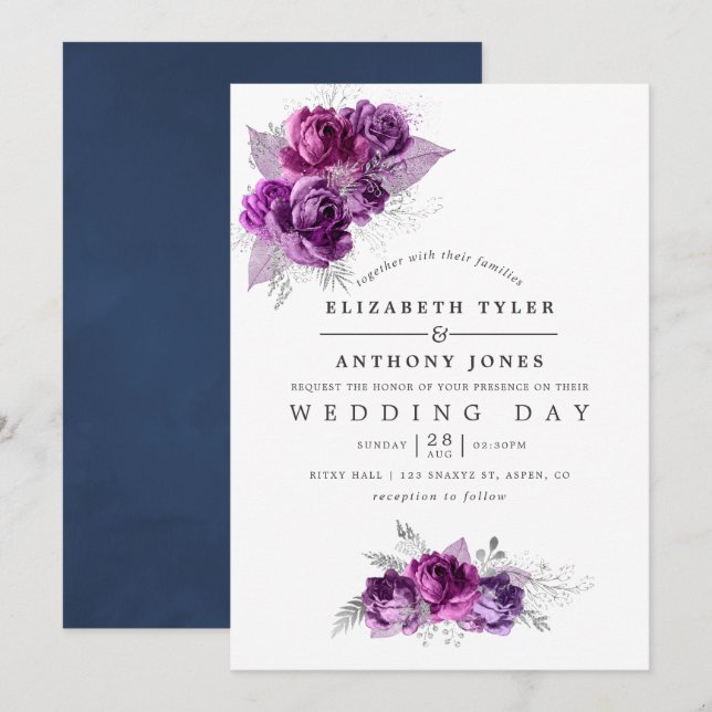 Faire-part de mariage floral aquarelle prune et ma (Devant / Derrière)