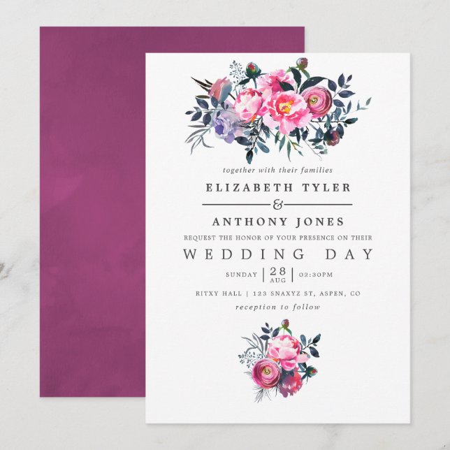 Faire-part de mariage floral aquarelle prune et ro (Devant / Derrière)