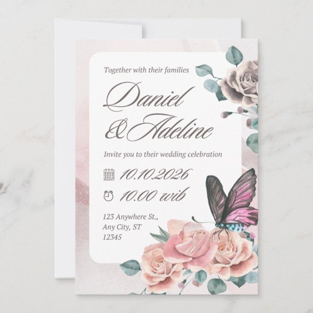 Faire-part de mariage floral aquarelle rose (Devant)