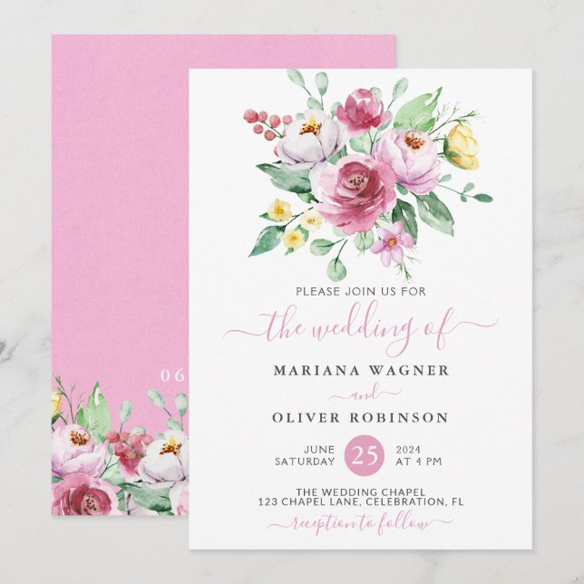 Faire-part de mariage floral aquarelle rose (Devant / Derrière)