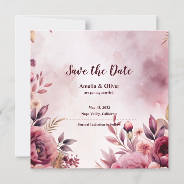 Faire-part de mariage floral aquarelle rose à cons (Recto)