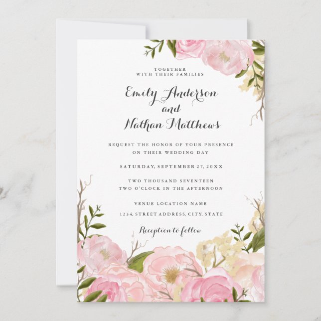 Faire-part de mariage floral aquarelle rose blush (Devant)