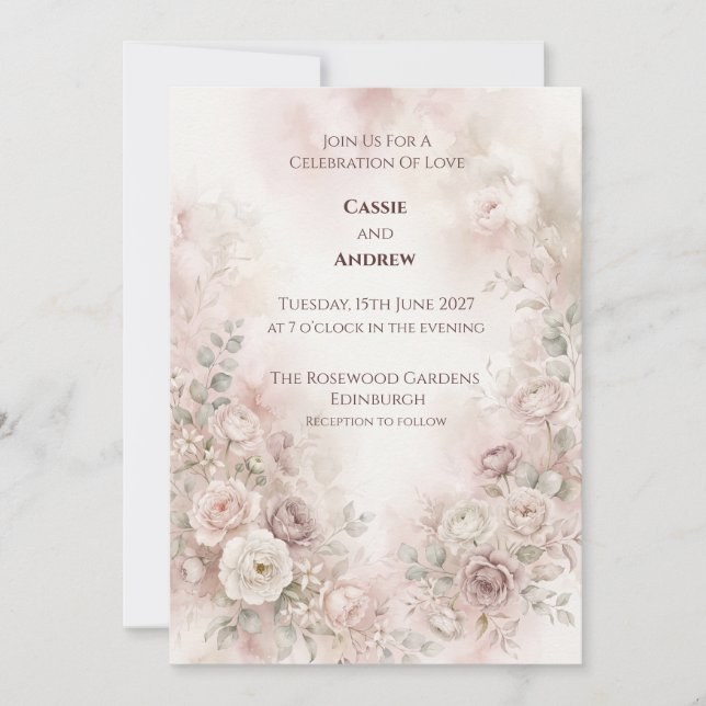 Faire-part de mariage floral aquarelle Rose Blush (Devant)