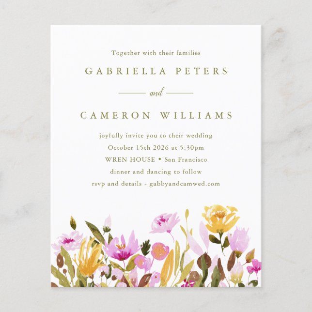 Faire-part de mariage floral aquarelle rose budget (Devant)