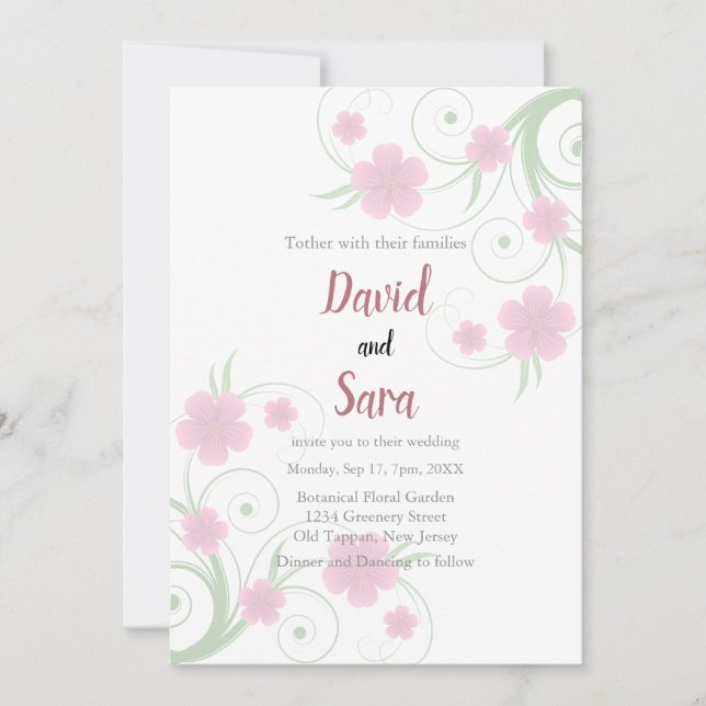Faire-part de mariage floral aquarelle rose | Douc (Devant)