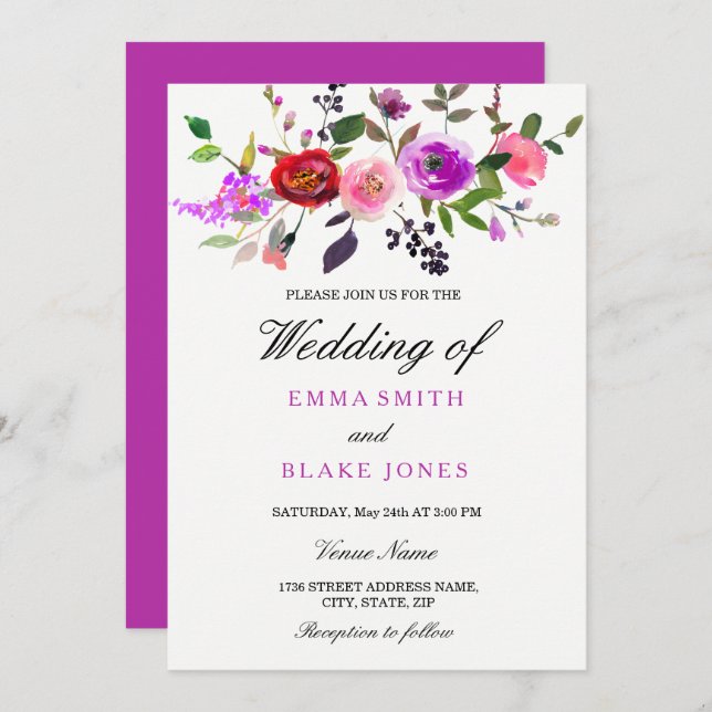 Faire-part de mariage floral aquarelle rose violet (Devant / Derrière)