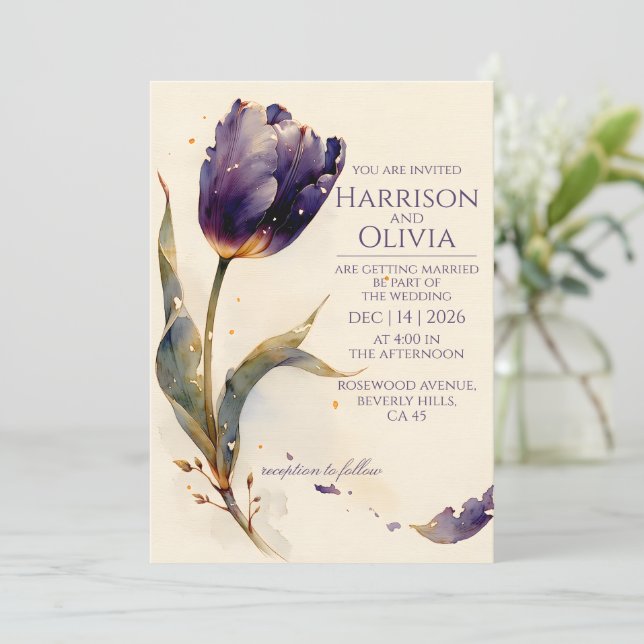 Faire-part de mariage floral aquarelle Tulipe Viol (Debout devant)