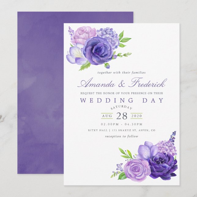 Faire-part de mariage floral aquarelle ultra viole (Devant / Derrière)