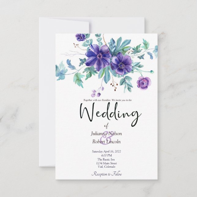 Faire-part de mariage floral aquarelle violet (Devant)