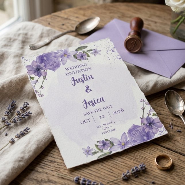 Faire-part de mariage floral aquarelle violet  (Créateur téléchargé)