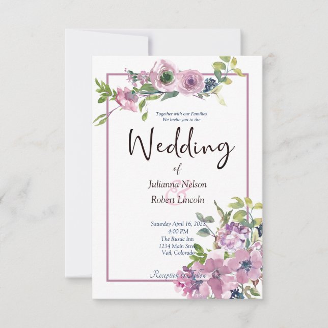 Faire-part de mariage floral aquarelle violet (Devant)
