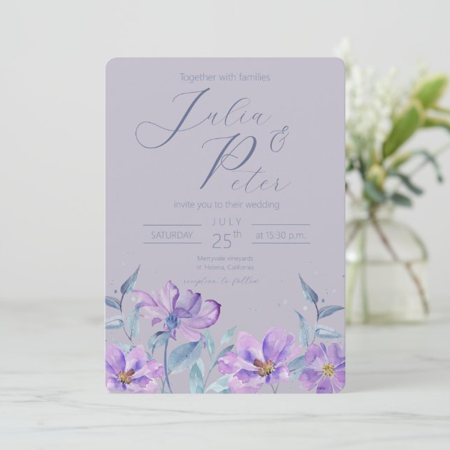 Faire-part de mariage floral aquarelle violet (Debout devant)