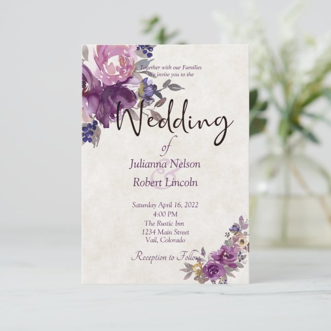 Faire-part de mariage floral aquarelle violet (Debout devant)