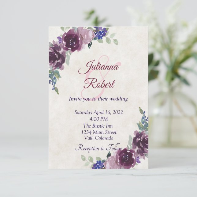 Faire-part de mariage floral aquarelle violet à pe (Debout devant)