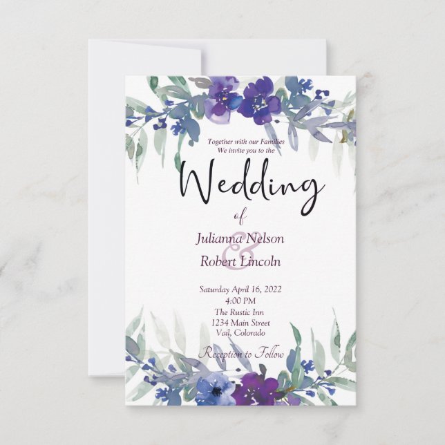 Faire-part de mariage floral aquarelle violet et b (Devant)