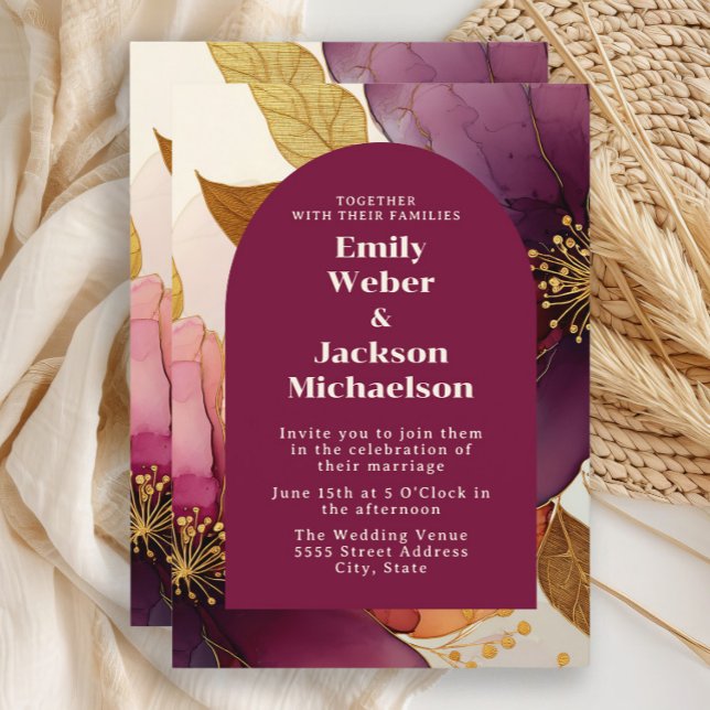 Faire-part de mariage Floral Arch Bold Plum Gold  (Plum, burgundy, gold  floral arch-shaped wedding invitation)