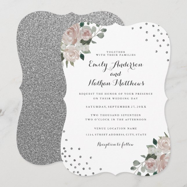 Faire-part de mariage Floral Argent Poudré Confett (Devant / Derrière)