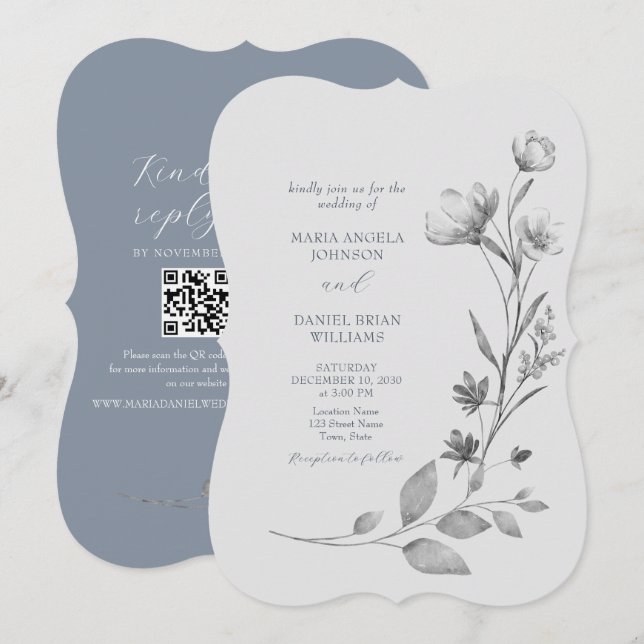 Faire-Part de Mariage Floral Argent Rustique (Devant / Derrière)