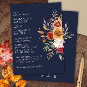 Faire-part de mariage floral automnal bleu marine
