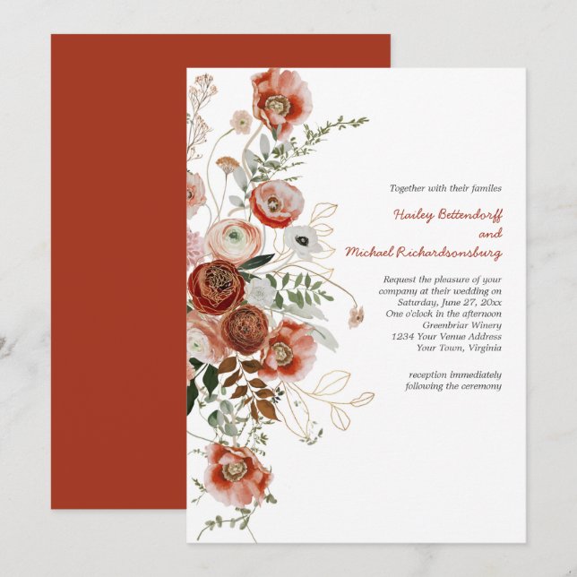 Faire-part de mariage floral automnal Marsala Bour (Devant / Derrière)