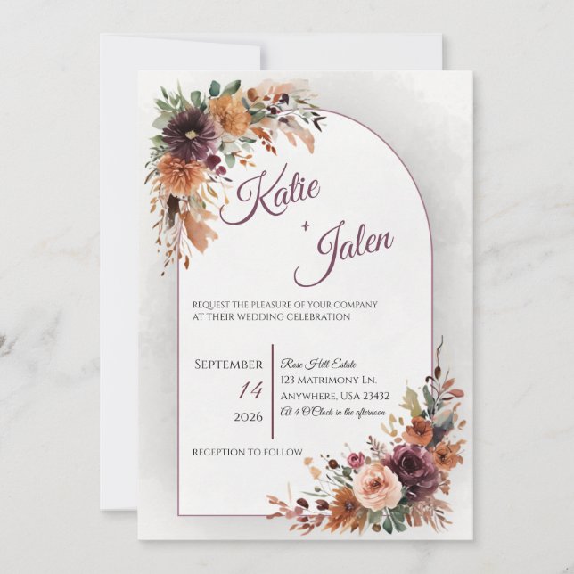 Faire-part de mariage floral automnal Moody (Devant)