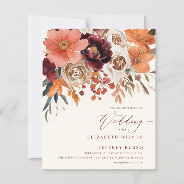 Faire-part de mariage floral automnal orange budge (Devant)
