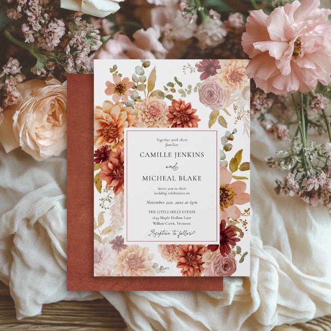 Faire-part de mariage floral automnal romantique (Fall Burgundy Rustic Wedding Invitation)
