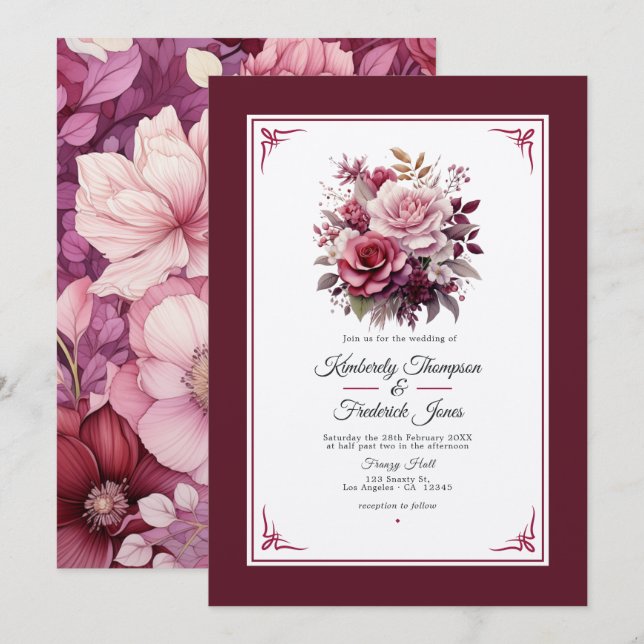 Faire-part de mariage floral aux nuances de vin (Devant / Derrière)