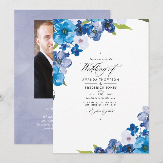Faire-part de mariage floral aux teintes de bleu (Devant / Derrière)