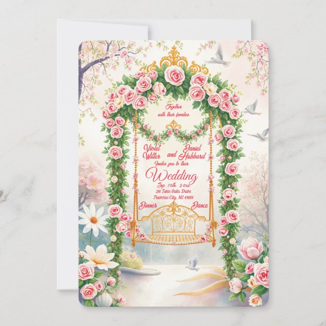 Faire-part de mariage floral avec balançoire en or (Devant)