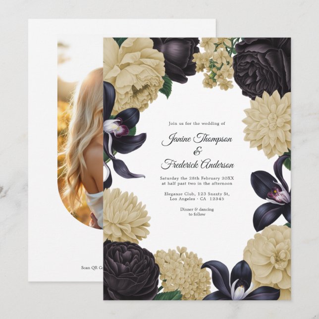 Faire-part de mariage floral avec code QR et photo (Devant / Derrière)