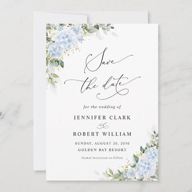 Faire-part de mariage floral avec Hydrangea Bleu (Devant)