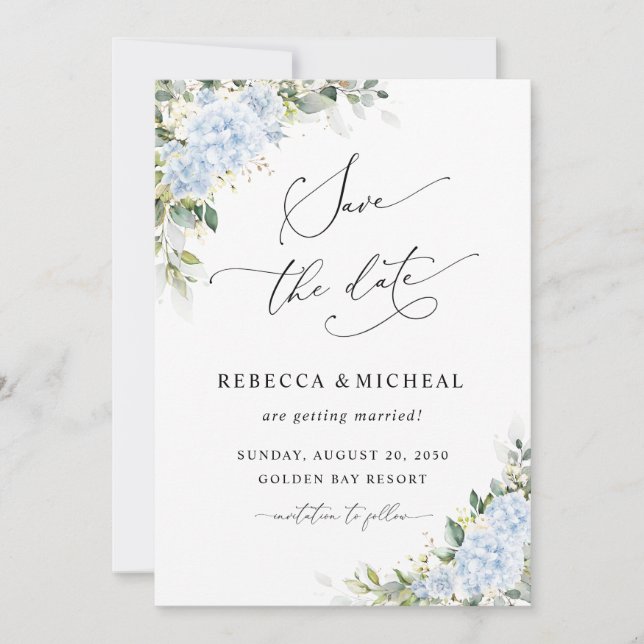 Faire-part de mariage floral avec Hydrangea Bleu (Devant)