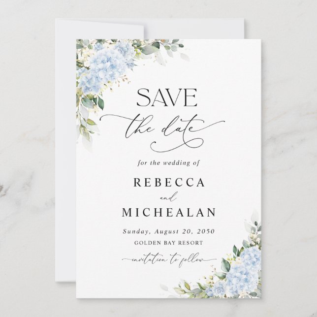 Faire-part de mariage floral avec Hydrangea Bleu (Devant)