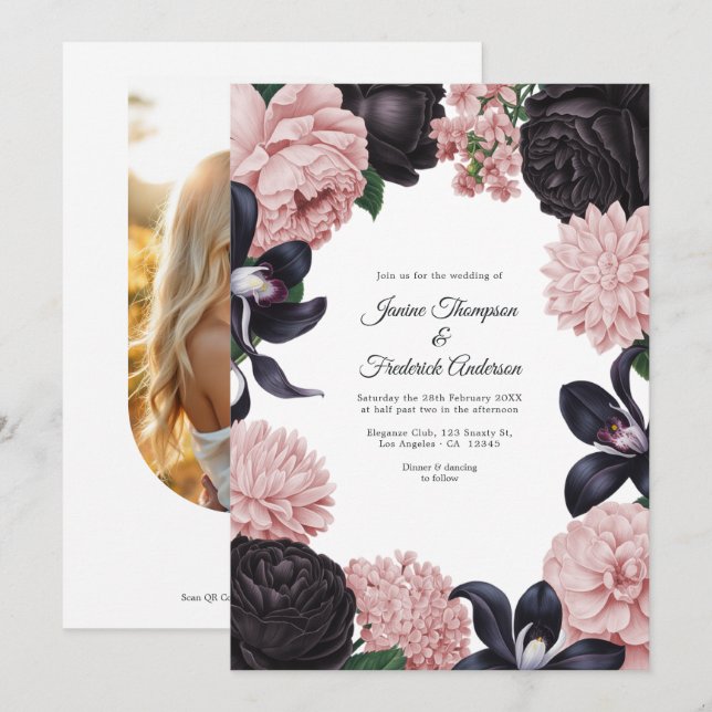 Faire-part de mariage floral avec photo/code QR Bl (Devant / Derrière)