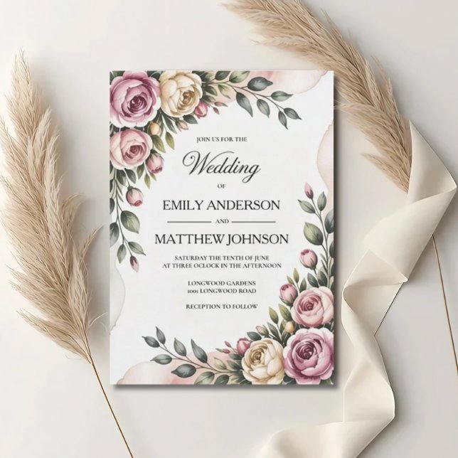 Faire-part de mariage floral avec rose et blush (Créateur téléchargé)