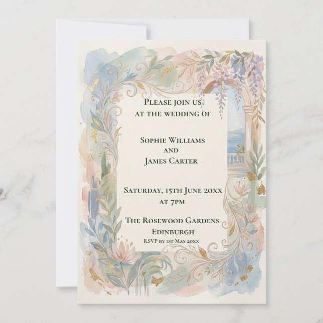 Faire-part de mariage floral baroque pastel (Devant)