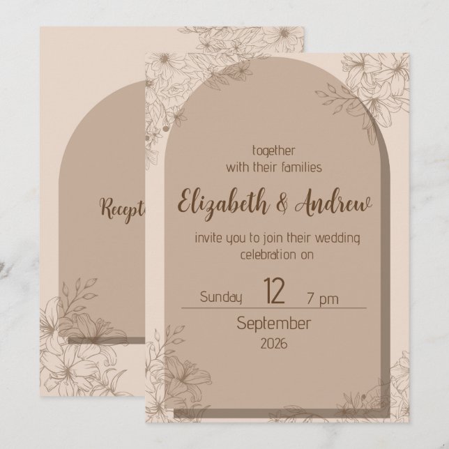 Faire-part de mariage floral beige élégant (Devant / Derrière)