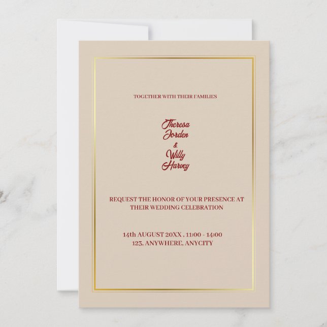 Faire-part de mariage floral beige et bordeaux élé (Devant)
