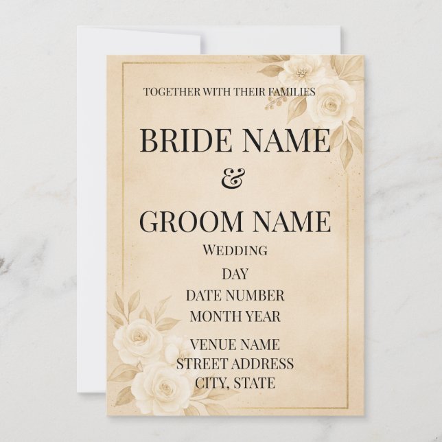 Faire-part de mariage floral beige et or minimalis (Devant)