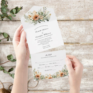 Faire-part de mariage floral beige pêche tout-en-u