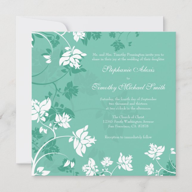 Faire-part de mariage floral blanc bleu vert de (Devant)