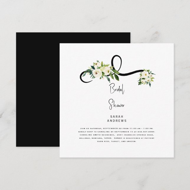 Faire-part de Mariage Floral Blanc Carré N/B (Devant / Derrière)