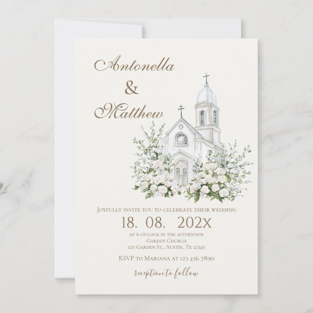 Faire-part de mariage floral blanc et église (Devant)