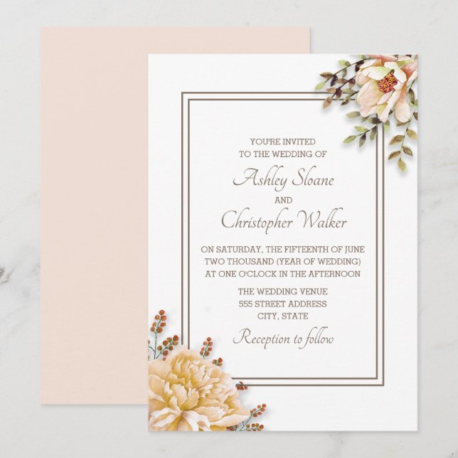 Faire-part de mariage floral blanc ivoire Champagn (Devant / Derrière)