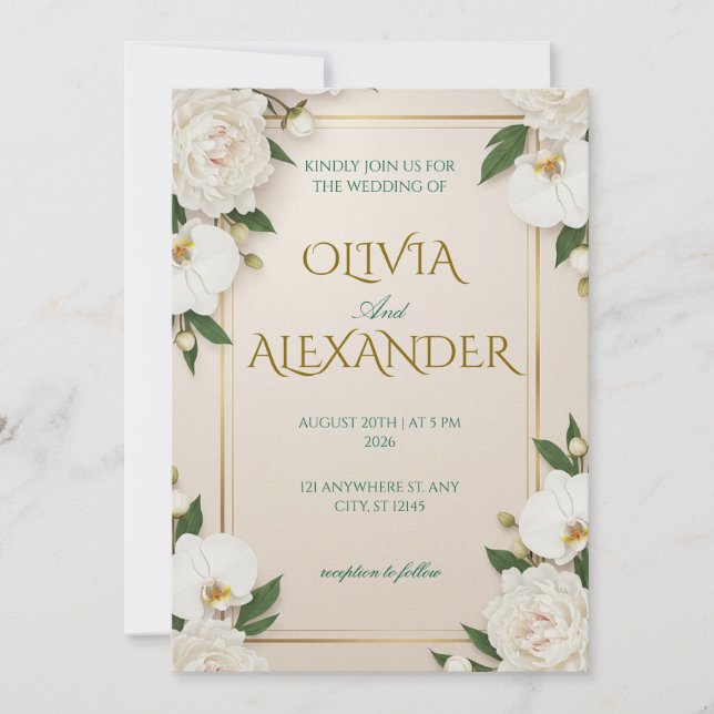 Faire-part de mariage floral blanc luxueux (Devant)